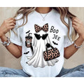 Boo-Jee Ghost Shirt, Leopard Ghost Coffee Graphic Tee, Funny Fall Girly Shirt, Halloween Gift, Crewneck Fitted Tee