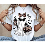 Boo-Jee Ghost Shirt, Leopard Ghost Coffee Graphic Tee, Funny Fall Girly Shirt, Halloween Gift, Crewneck Fitted Tee