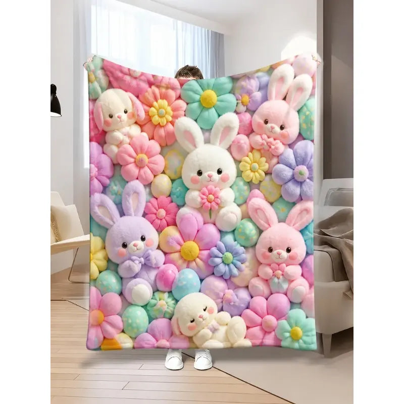 2D Teddy Pastel Floral Print Throw Blanket - Kawaii Plush Super Soft Cozy Aesthetic Throw for Bedroom Room Decor, Whimsical Home Decor Item, Cool Gift for Kids