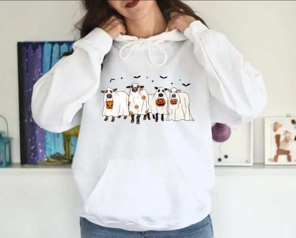 Ghost Cows Halloween Crewneck - Sweatshirt - Hoodie, Gildan Sweatshirt, Full Color, For Men, For Women, Casual, Classic Fashion, Full Sizes, Tee Print Womenswear Tops