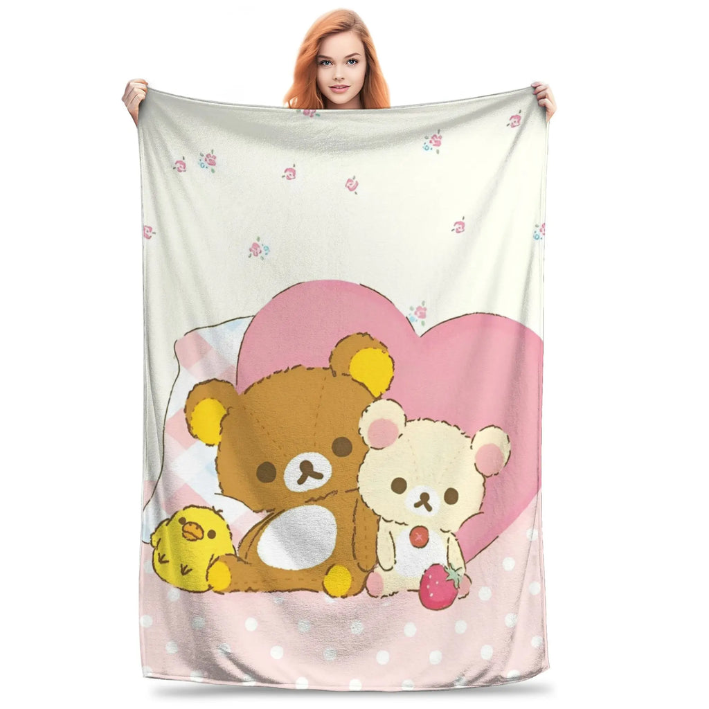 Kawaii Rilakkuma Knitted Flannel Throw Blanket - Figure Print Bed Accessories, Cutecore Stuff, Cozy Girly Room Stuff, Teen Room Decor, Soft Warm Summer AC Use, Home Goods Gift for Girls - View 15