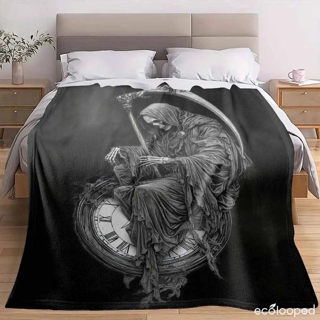 Grim Reaper Flannel Throw Blanket - Soft, Gentle on Skin, Death & Time Clock Print, Lightweight, Anti-Pilling, Wrinkle Resistant, Gothic Home Decor, Halloween Gift for Dark Fantasy Lovers, Cozy Warm Bedding Blanket - View 3