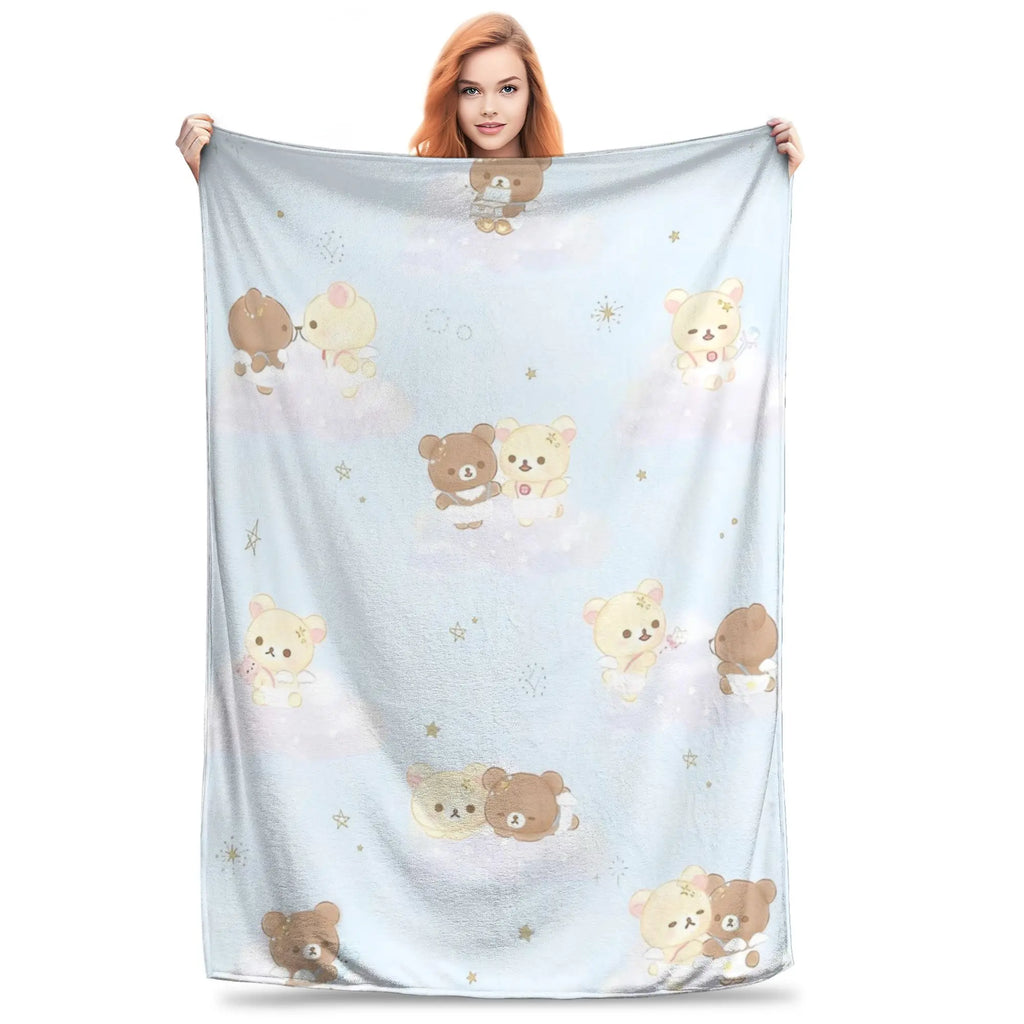 Kawaii Rilakkuma Knitted Flannel Throw Blanket - Figure Print Bed Accessories, Cutecore Stuff, Cozy Girly Room Stuff, Teen Room Decor, Soft Warm Summer AC Use, Home Goods Gift for Girls - View 8