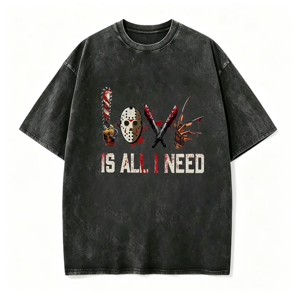 Women's Halloween Squad T-Shirt - Short-Sleeve Casual Horror Movie Graphic Top, Halloween Shirts for Women, "Love is All I Need" Novelty Scary Tee Crewneck Womenswear