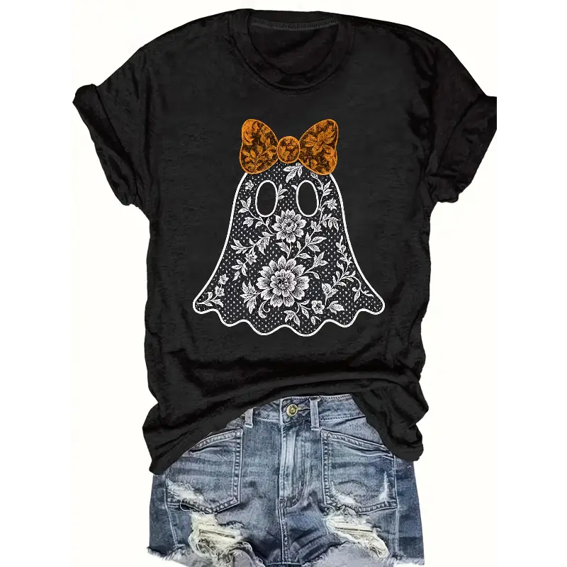 Women’s Vintage-Inspired Halloween Cotton T-Shirt in Black & White - Casual Loose Fit Crewneck