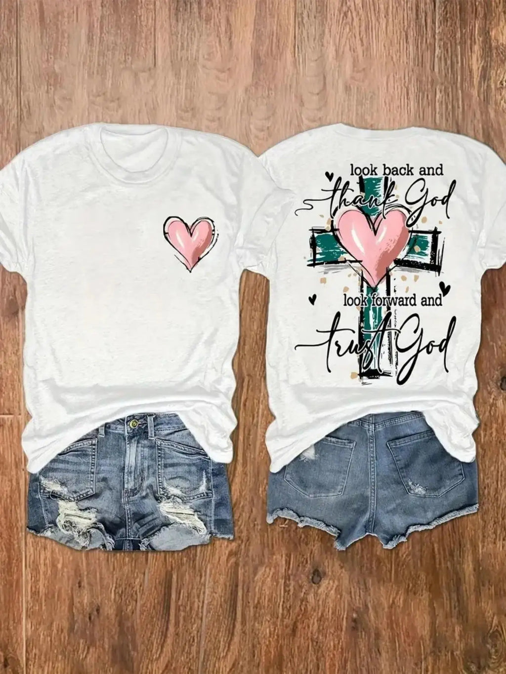 Thank God Trust God Faith Quote Pink Heart Cross Tee