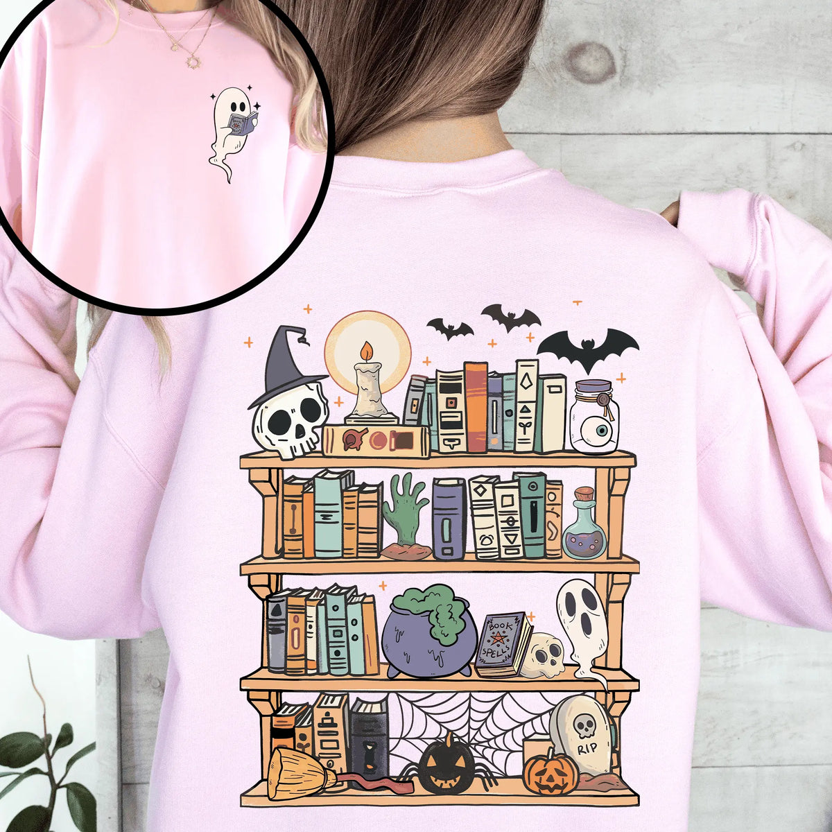 Reading Ghost, Halloween, Library, Spooky, Front and Back, Teacher, Boo, Cute Sweatshirt - View 6