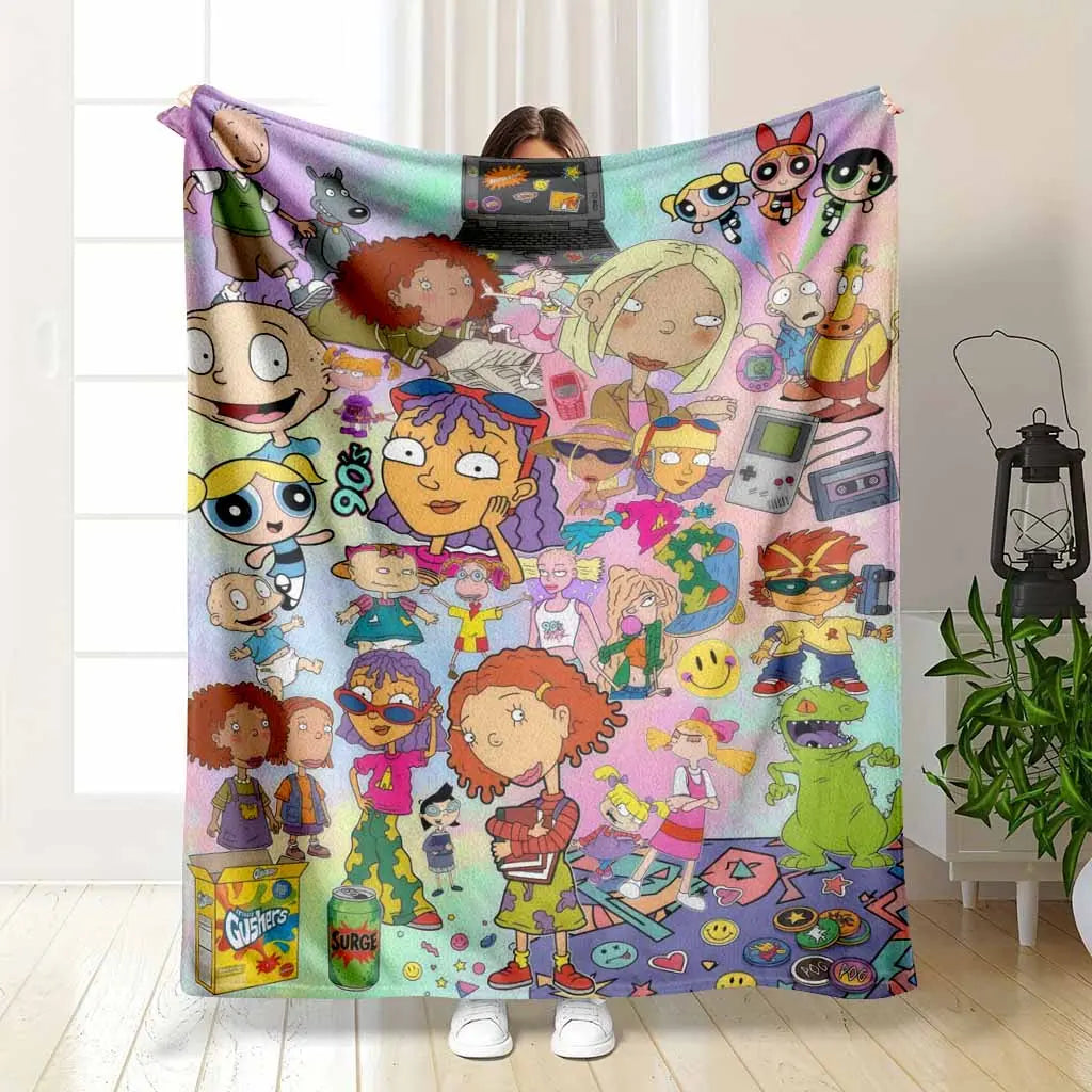 Nostalgic 90s Cartoon Flannel Blanket Vibrant Retro TV Character Print Super Soft Lightweight Cozy Plush Throw Perfect For Bedroom Sofa Couch Camping Travel Movie Night Birthday Gift Decor, Character Graphic Blankets, Flannel Blankets - View 1