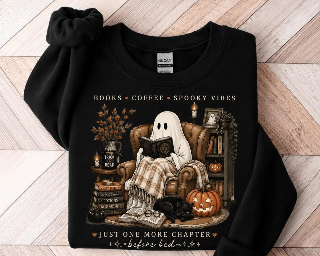 Cozy Ghost Reading T-Shirt or Sweatshirt with Books & Coffee