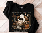 Cozy Ghost Reading T-Shirt or Sweatshirt with Books & Coffee