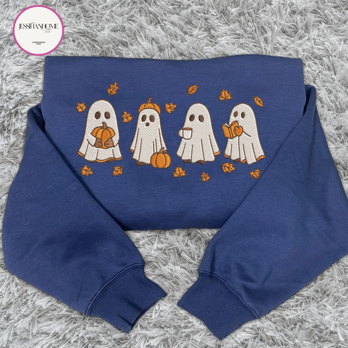Embroidered Spooky Fall Sweatshirt, Vintage Halloween Pumpkin Spooky Season Sweater, Ghost And Pumpkin T-shirt, Halloween Gifts - View 7