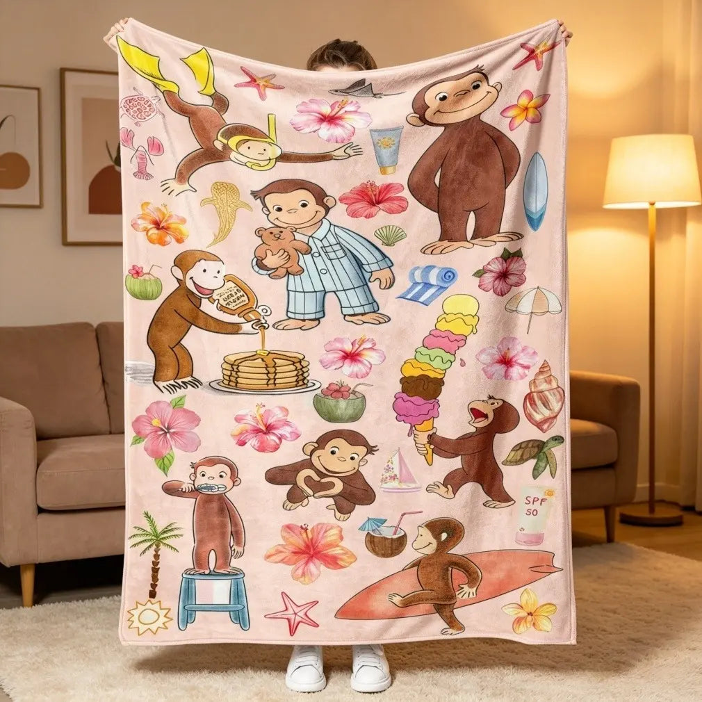 Curious George Classic Flannel Print Throw Blanket - Tropical & Pajama Collage, Beach Surf Adventure, Pancake Scene Designs, Lightweight, Fade Resistant, Soft Cozy, Machine Washable for Kids' Beds, Living Space Snuggle, Holiday Birthday Gift - View 1