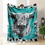 Highland Cow Flannel Blanket - Turquoise Abstract Animal Print, Soft Warm Lightweight, Wrinkle Resistant, Anti-Pilling, Color Stays Vivid Longer, Cozy Throw for Living Room Decor, Bedroom Sofa, Home Gift & Cozy Setup, Indoor/Outdoor - View 1