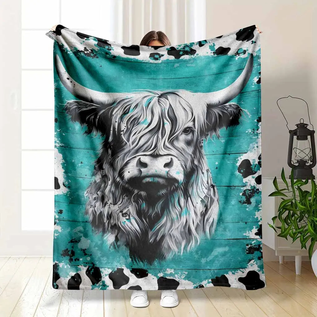 Highland Cow Flannel Blanket - Turquoise Abstract Animal Print, Soft Warm Lightweight, Wrinkle Resistant, Anti-Pilling, Color Stays Vivid Longer, Cozy Throw for Living Room Decor, Bedroom Sofa, Home Gift & Cozy Setup, Indoor/Outdoor - View 1
