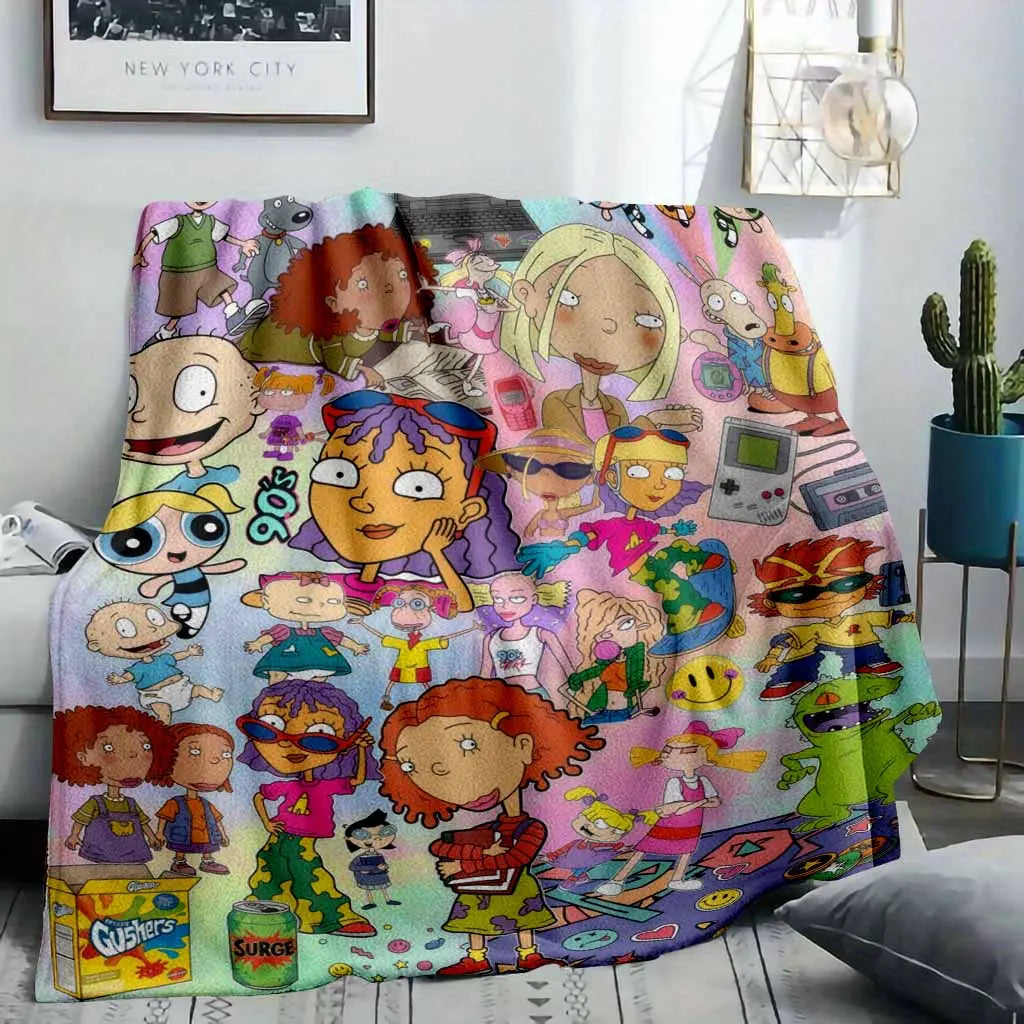 Nostalgic 90s Cartoon Flannel Blanket Vibrant Retro TV Character Print Super Soft Lightweight Cozy Plush Throw Perfect For Bedroom Sofa Couch Camping Travel Movie Night Birthday Gift Decor, Character Graphic Blankets, Flannel Blankets - View 2