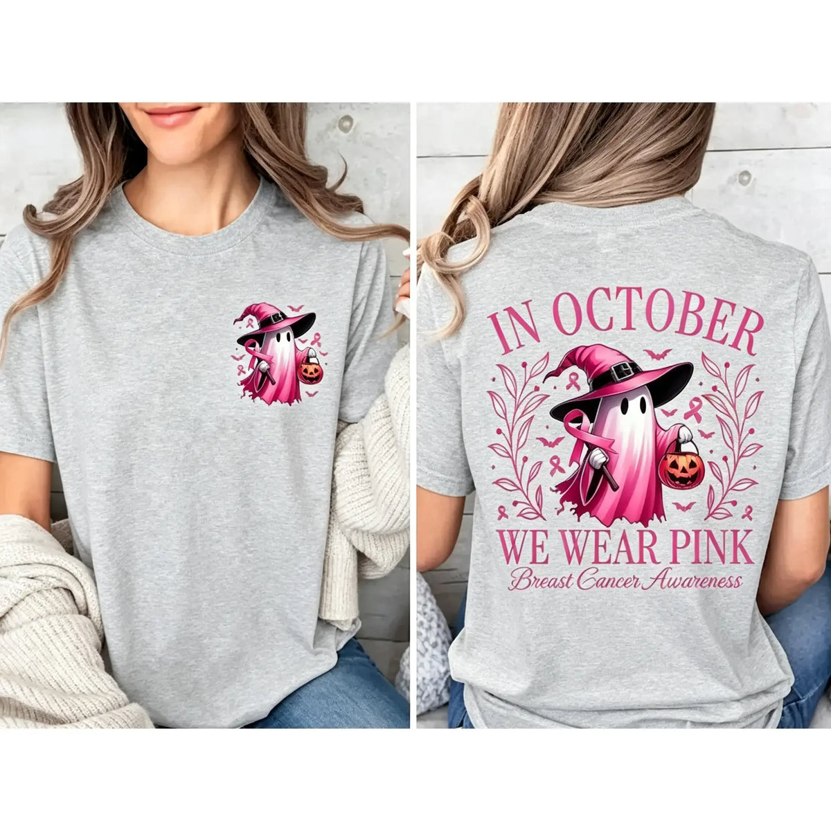 In October We Wear Pink Ghost Shirt, Halloween in October We Wear Pink, Breast Cancer Awareness Shirt,  Pink Ribbon Shirt, Wear Pink Pumpkin PGS0018
