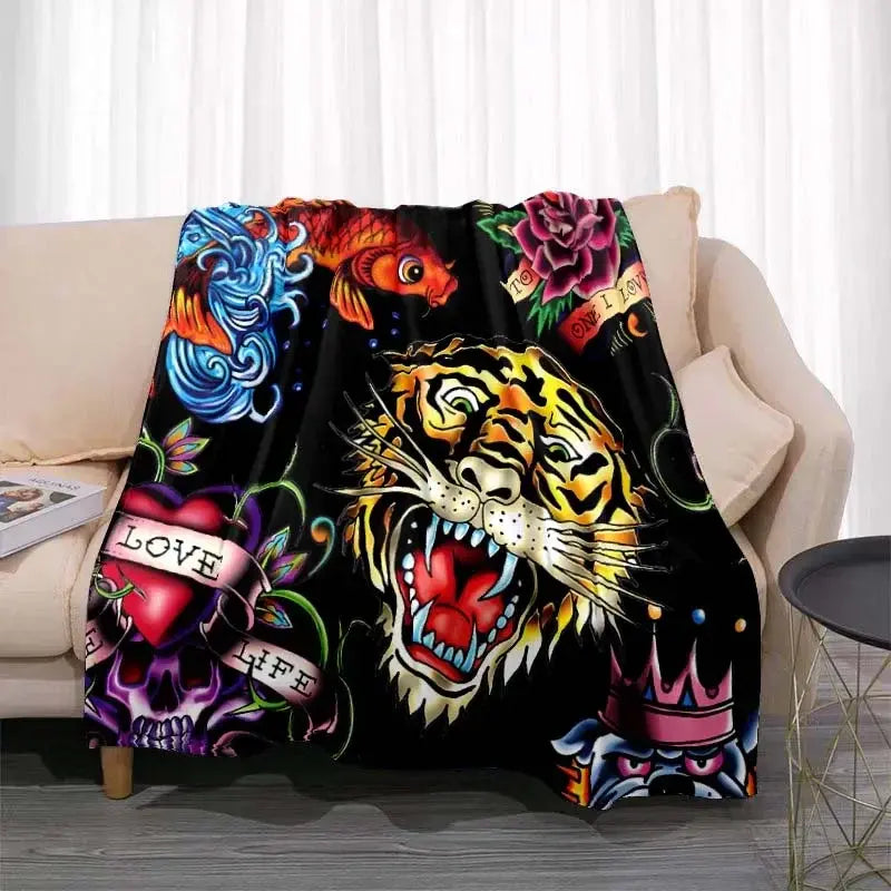 3dED- HARDY Tattoo Tiger Skull Blanket Living Room Bedroom Sofa Soft and Comfortable Warm Blanket Office Leisure Blanket - View 2