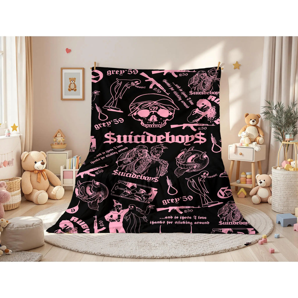 Retro Punk Full Wrap Print Blanket, Premium Soft Fleece Pink Black Horror Skull & Clown Art Blanket Versatile For Sofa Nap Camping And Fan Collectible Present - View 4
