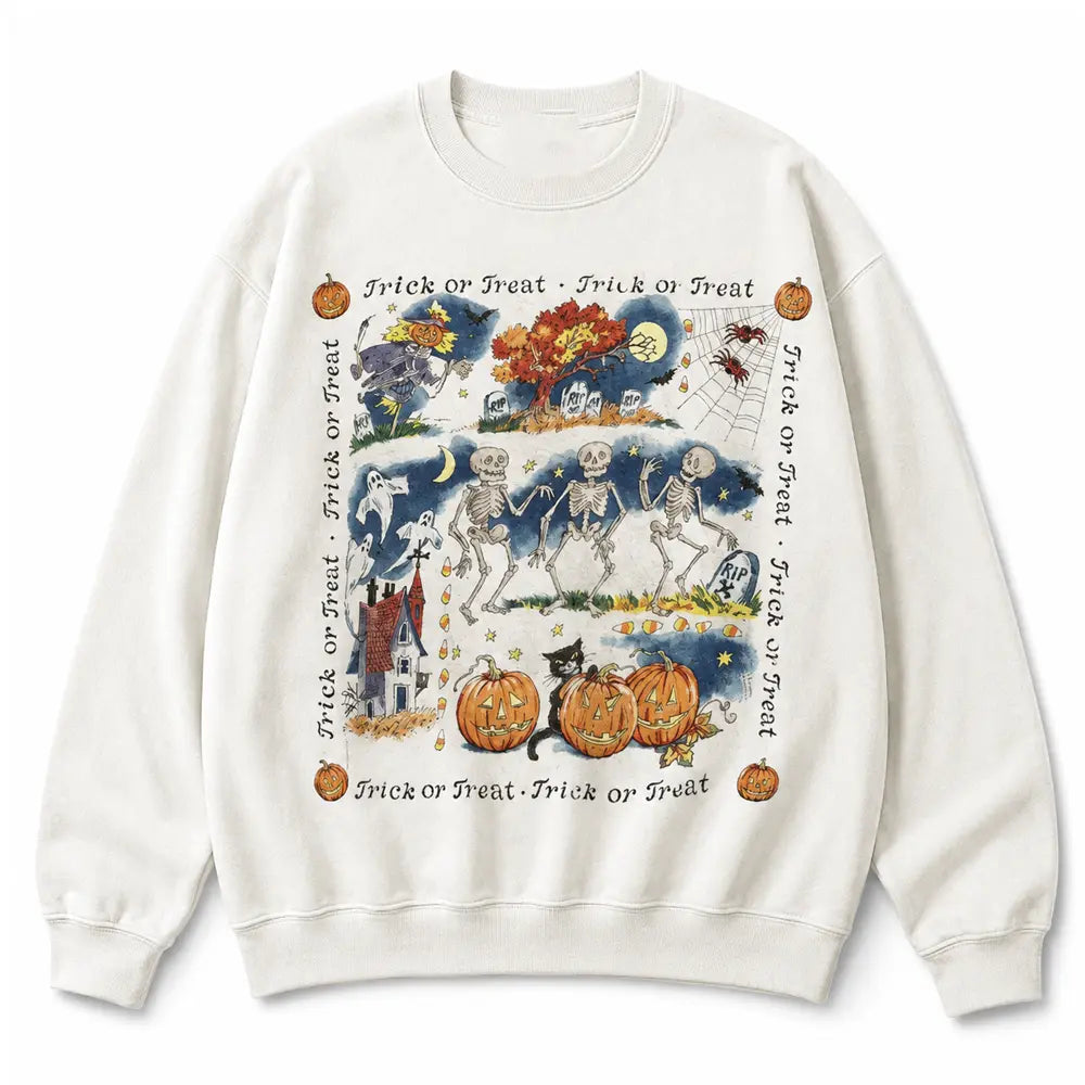 Vintage 90s Halloween Skeleton Trick or Treat Sweatshirt, Retro Halloween Graphic Crewneck, Spooky Pumpkin Ghost Sweatshirt, Unisex Fall Gift