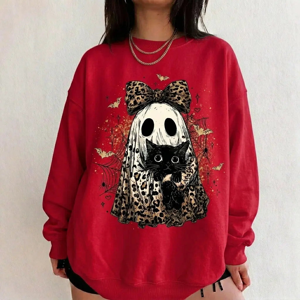 Leopard Ghost Cat Halloween Sweatshirt, Cute Spooky Black Cat Graphic Shirt, Coquette Bow Ghost Fall Outfit - View 20
