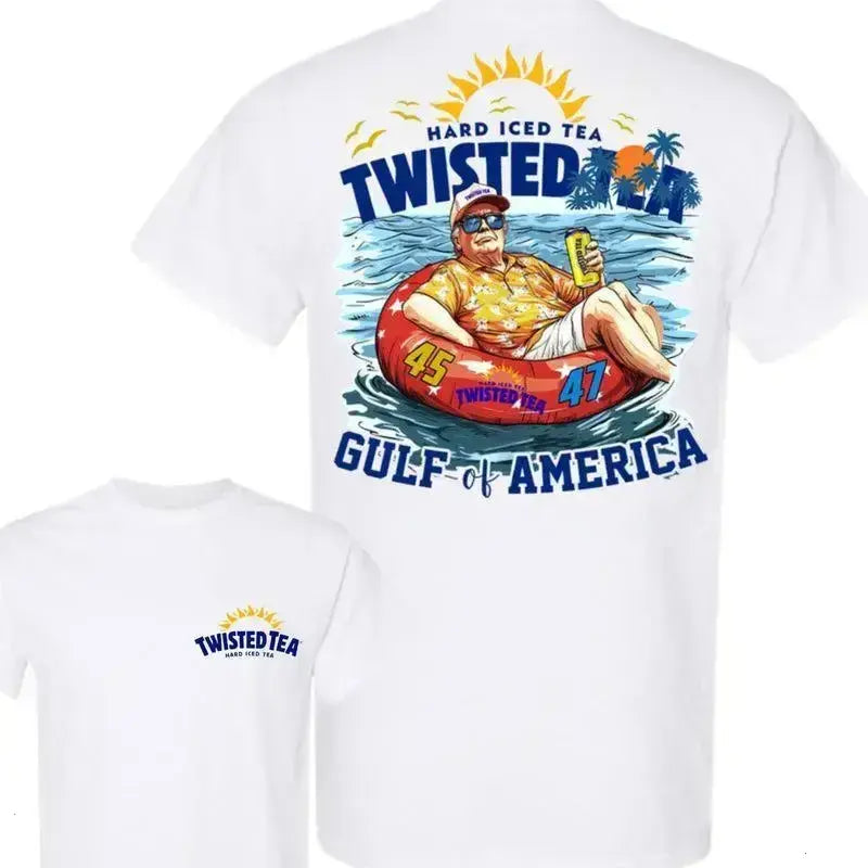 Men's Trump Twisted Tea Gulf Of America 2-Sided T-Shirt, 2026 45 47 Hard Iced Tea Graphic Tee, Summer Patriotic Casual Shortsleeve Round Neck Tops, Everyday Style Gift For Men