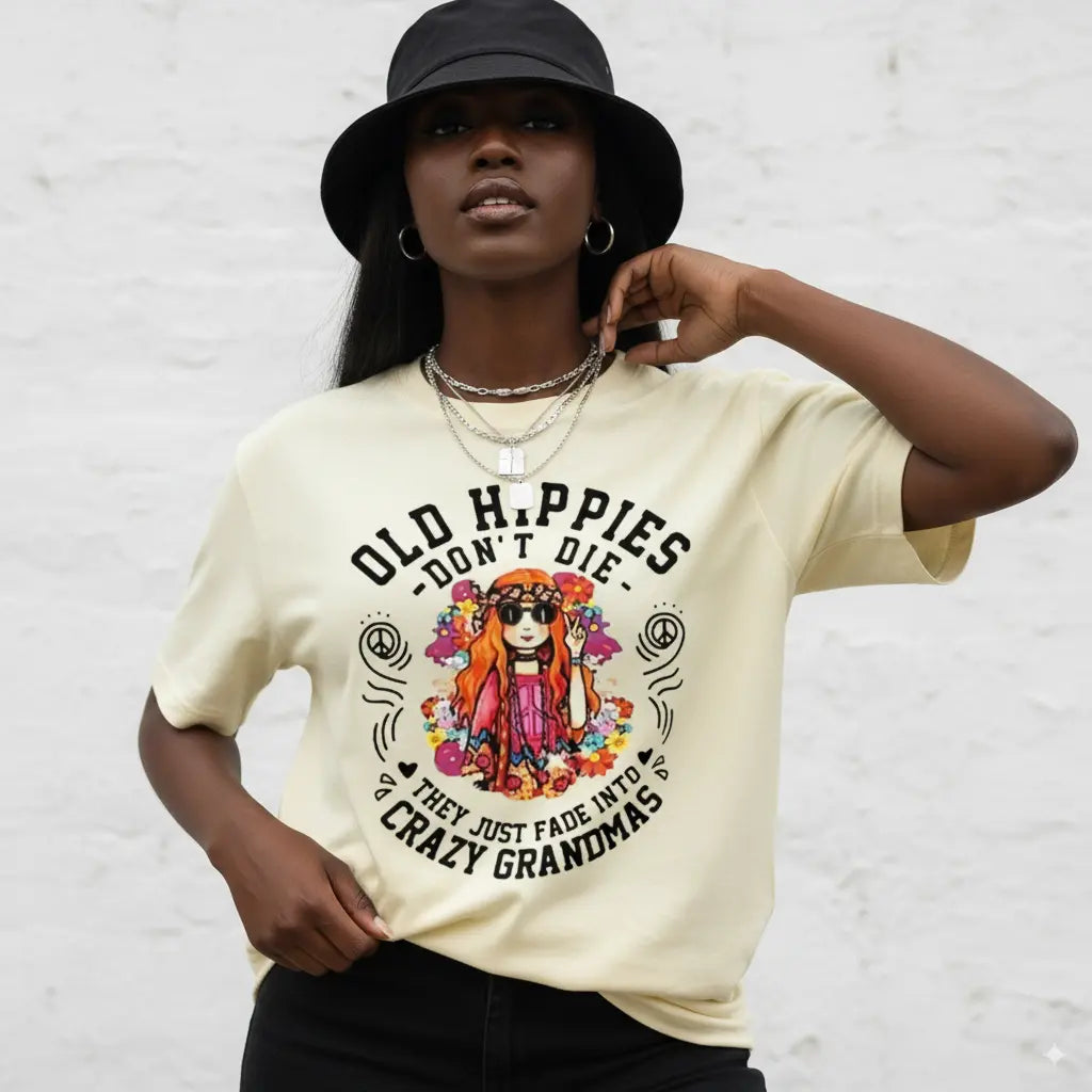 Hippie Graphic T-Shirt for Women in 100% Cotton, Casual Top with Floral Print, Peace Sign and 'Old Hippies Are Not Dead' Slogan, Women's Clothes, Alternative Style, Easy Tee For Daily Wear, Unisex Classic Fit