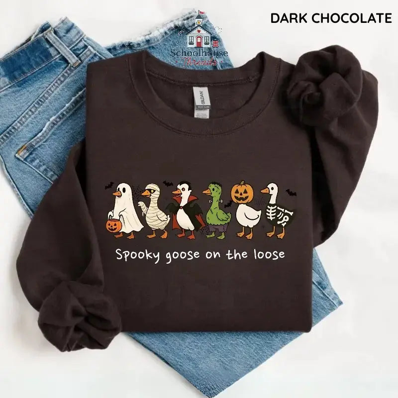 Spooky Goose on the Loose Sweatshirt, Funny Halloween Goose Graphic, Unisex Crewneck for Fall, Apparel Made In The US - Caps Apparel - View 3