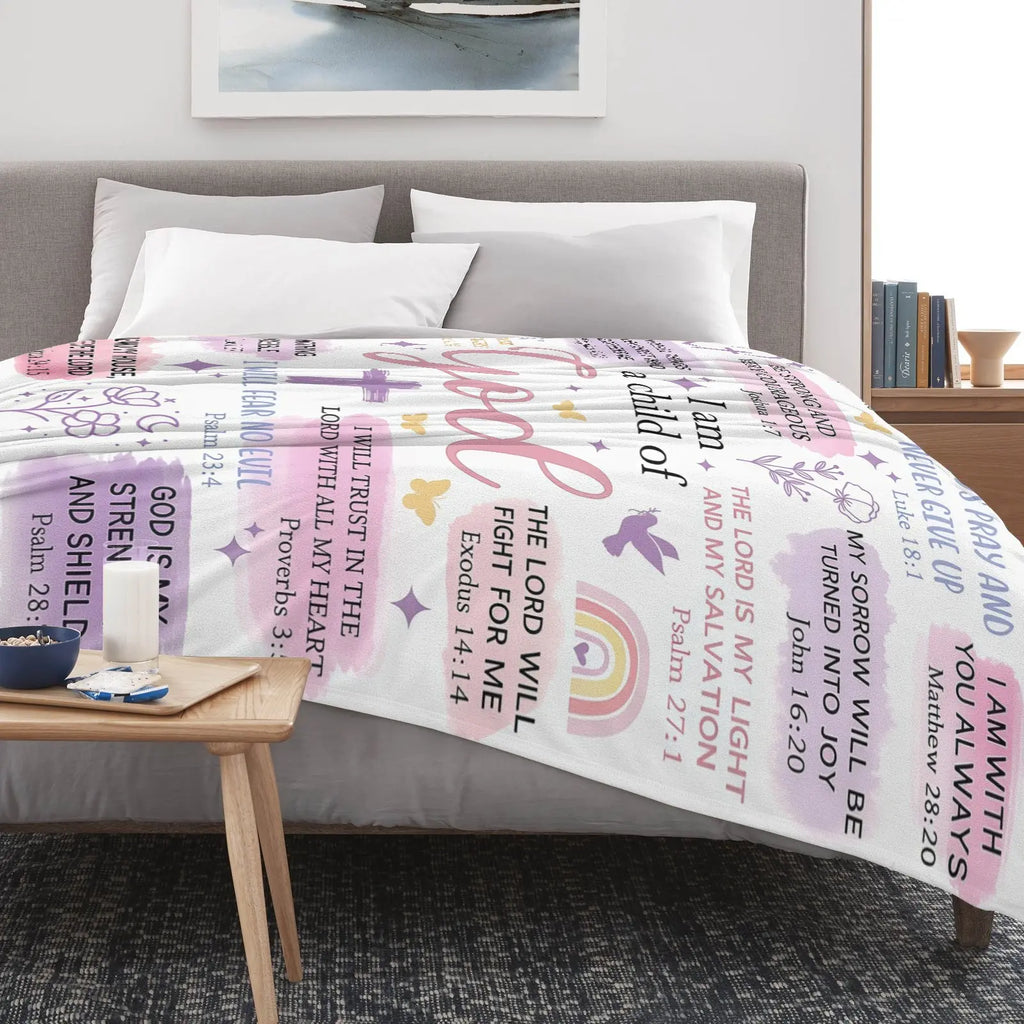 Faith-Based Printed Flannel Soft Throw Blanket (60x80 in) - "I Am A Child Of God" Bible Quote Collage, Pastel Watercolor Religious Print, Blankets for Sofa, Girl Room Decor, Heartwarming Gift for Girls,back to school,back to school shopping,home decor - View 6