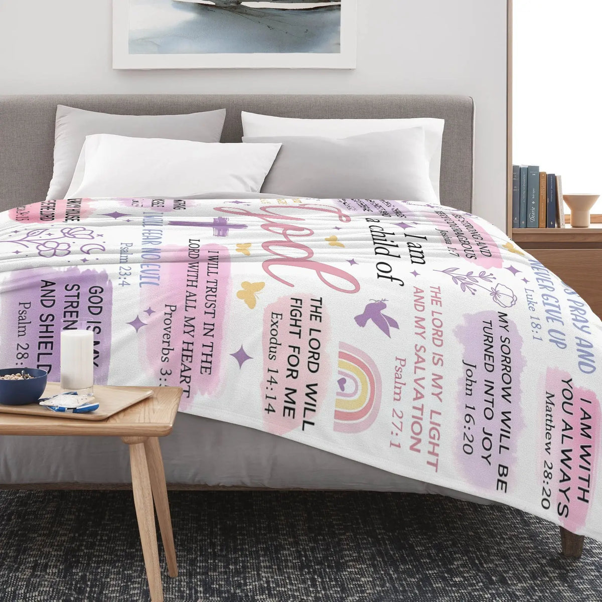 Faith-Based Printed Flannel Soft Throw Blanket (60x80 in) - "I Am A Child Of God" Bible Quote Collage, Pastel Watercolor Religious Print, Blankets for Sofa, Girl Room Decor, Heartwarming Gift for Girls,back to school,back to school shopping,home decor - View 6