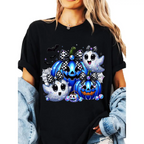 Women's Short-Sleeve Round Neck Print Sports Top - Spooky Cute Halloween Style, Soft Breathable, Ghost & Blue Pumpkin Graphic for Fall Daily Wear & Halloween Parties