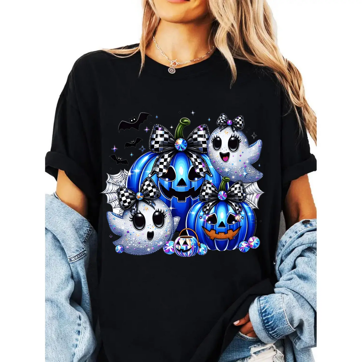Women's Short-Sleeve Round Neck Print Sports Top - Spooky Cute Halloween Style, Soft Breathable, Ghost & Blue Pumpkin Graphic for Fall Daily Wear & Halloween Parties