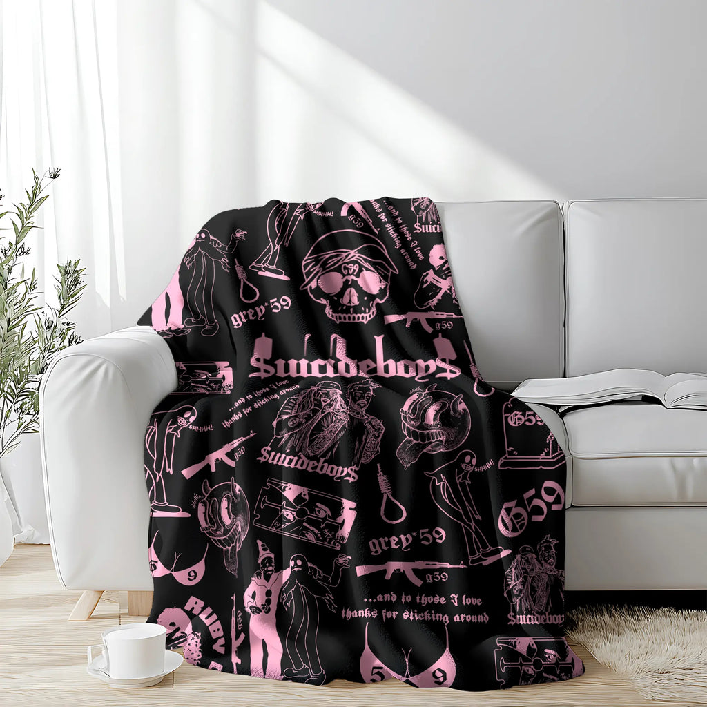 Retro Punk Full Wrap Print Blanket, Premium Soft Fleece Pink Black Horror Skull & Clown Art Blanket Versatile For Sofa Nap Camping And Fan Collectible Present - View 2