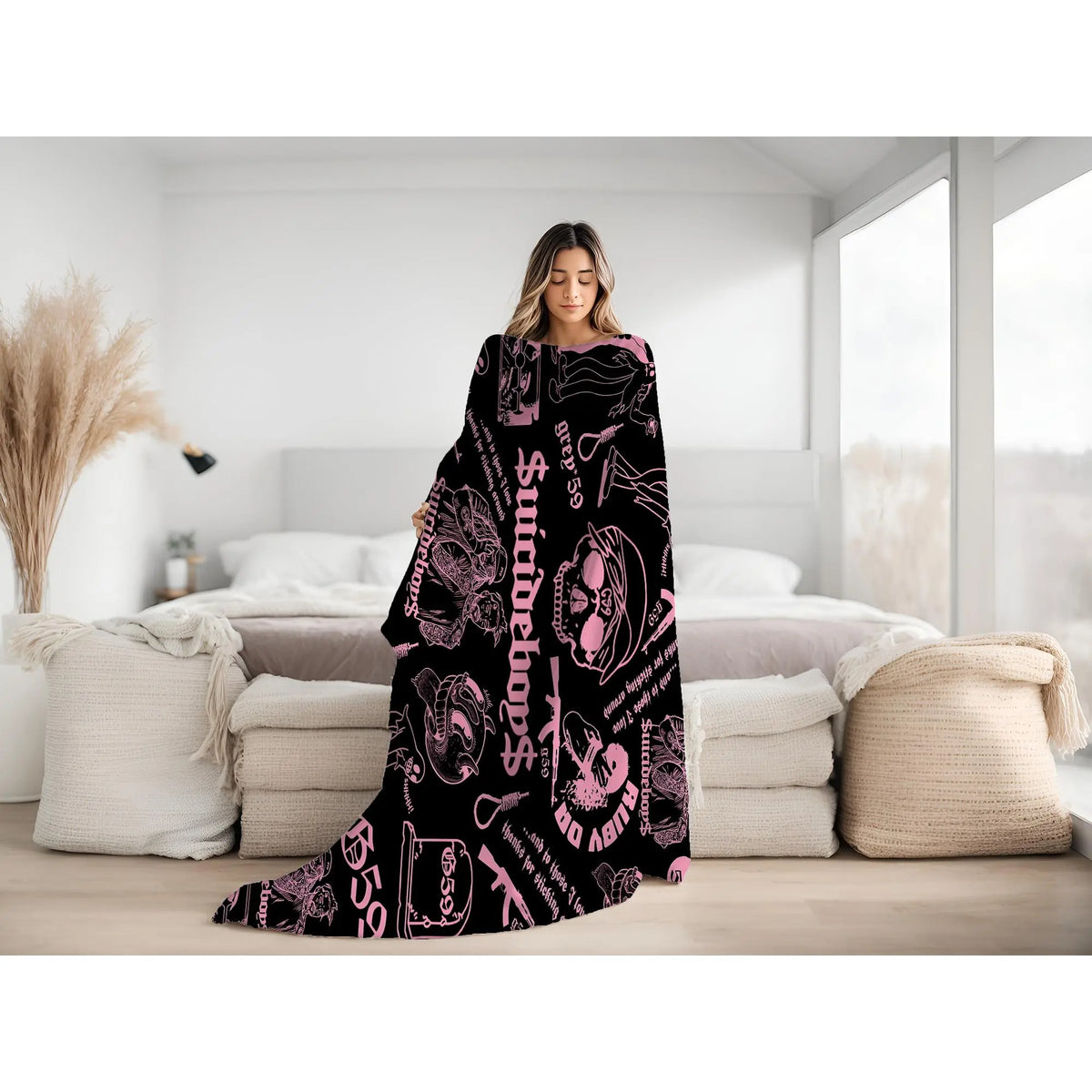 Retro Punk Full Wrap Print Blanket, Premium Soft Fleece Pink Black Horror Skull & Clown Art Blanket Versatile For Sofa Nap Camping And Fan Collectible Present - View 3