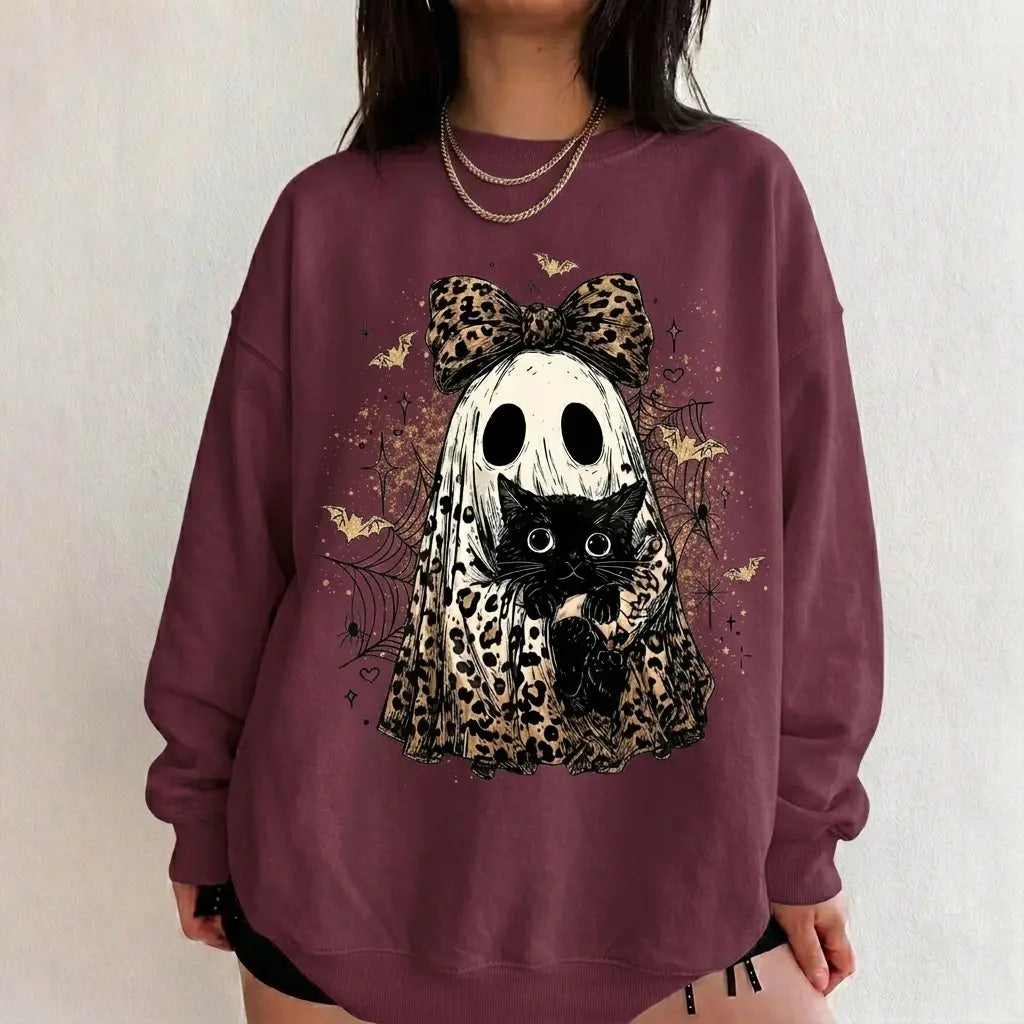 Leopard Ghost Cat Halloween Sweatshirt, Cute Spooky Black Cat Graphic Shirt, Coquette Bow Ghost Fall Outfit