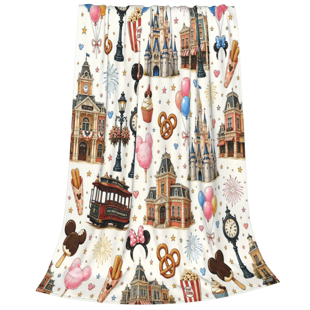 DISNEY CLASSIC [2026 New] Magic Park Main Street Flannel Throw Blanket,All-Over Print Castle Trolley Balloons Park Snacks Clock Lamp Post Fireworks Pastel Cute Cozy Fleece Blanket for Fan Gift - View 3