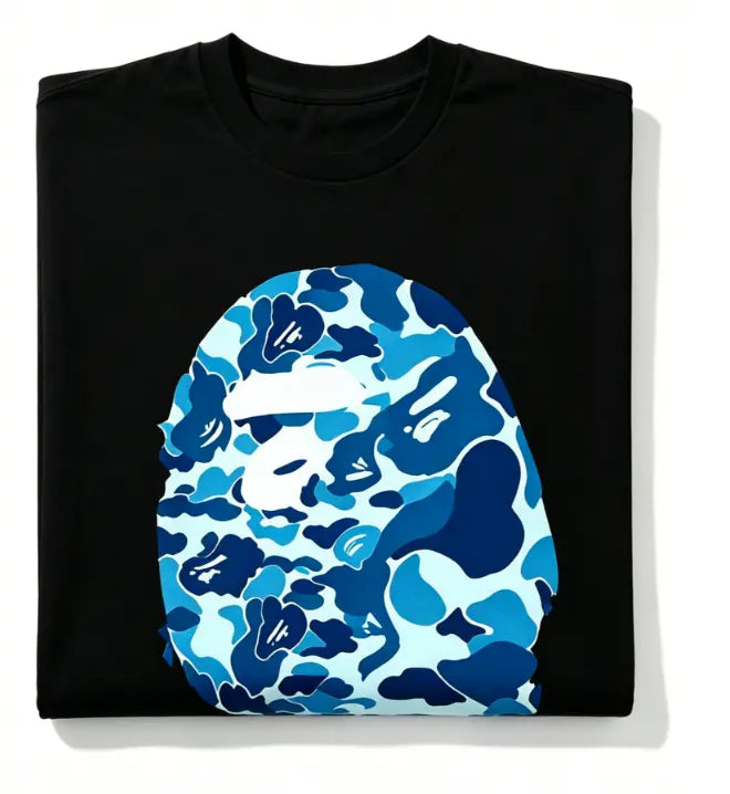 Vintage Blue Shade Camo Monkey Outline T-Shirt for Youth & Adults