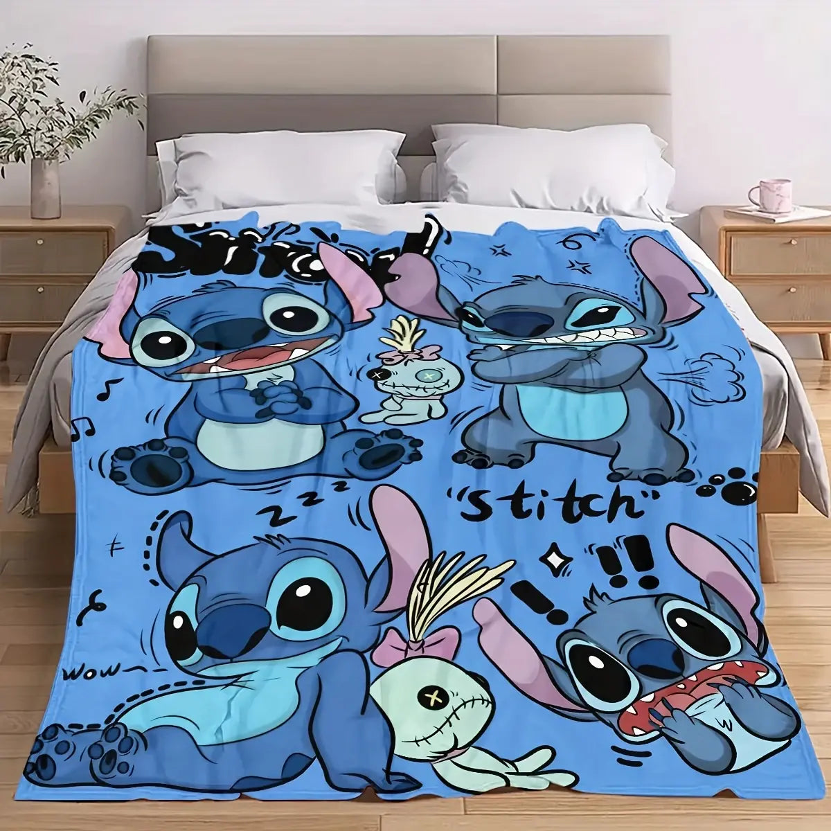 [SummerVibes] DISNEY CLASSIC A Cute Stitch Flannel Blanket, Warm, Comfortable, Soft Fleece Blanket, Bed, Sofa, Office, Camping, Traveling, Home Decor - View 1