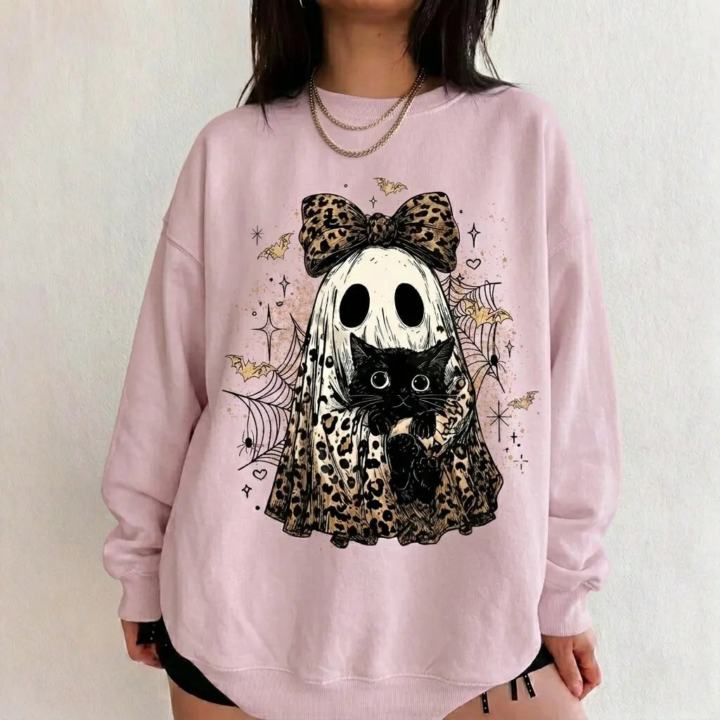 Leopard Ghost Cat Halloween Sweatshirt, Cute Spooky Black Cat Graphic Shirt, Coquette Bow Ghost Fall Outfit