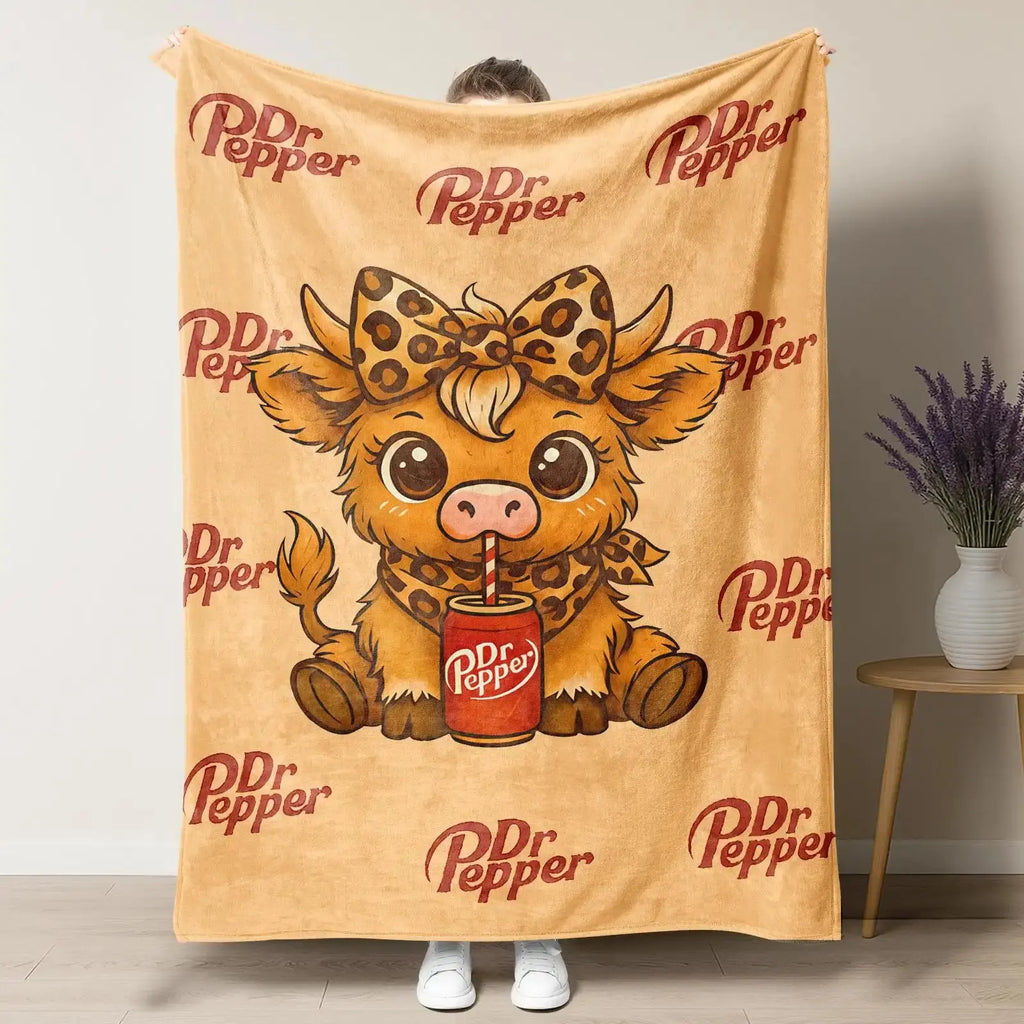 Cartoon Printed Character-Themed Cute Highland Cow Pattern Throw Blanket, 100% Polyester Cute Home Textile, Soft Warm Lightweight Blanket for Home & Office Gifts - View 4