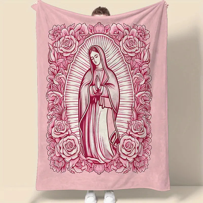 1 Piece Cozy Pink Virgin Mary Blanket-Super Soft Velvet with Floral Pattern, Perfect Gift for Mom, Grandma, Birthday and Valentine's Day, Perfect for Sofa, Bed, Travel and Living Room, multifunctional Blanket | Floral Blanket | Plush Texture,Meditation - View 2