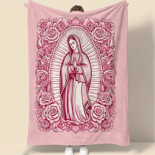 1 Piece Cozy Pink Virgin Mary Blanket-Super Soft Velvet with Floral Pattern, Perfect Gift for Mom, Grandma, Birthday and Valentine's Day, Perfect for Sofa, Bed, Travel and Living Room, multifunctional Blanket | Floral Blanket | Plush Texture,Meditation - View 2