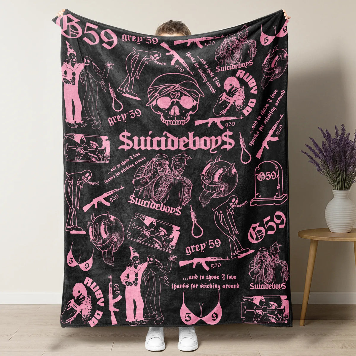 Retro Punk Full Wrap Print Blanket, Premium Soft Fleece Pink Black Horror Skull & Clown Art Blanket Versatile For Sofa Nap Camping And Fan Collectible Present - View 1