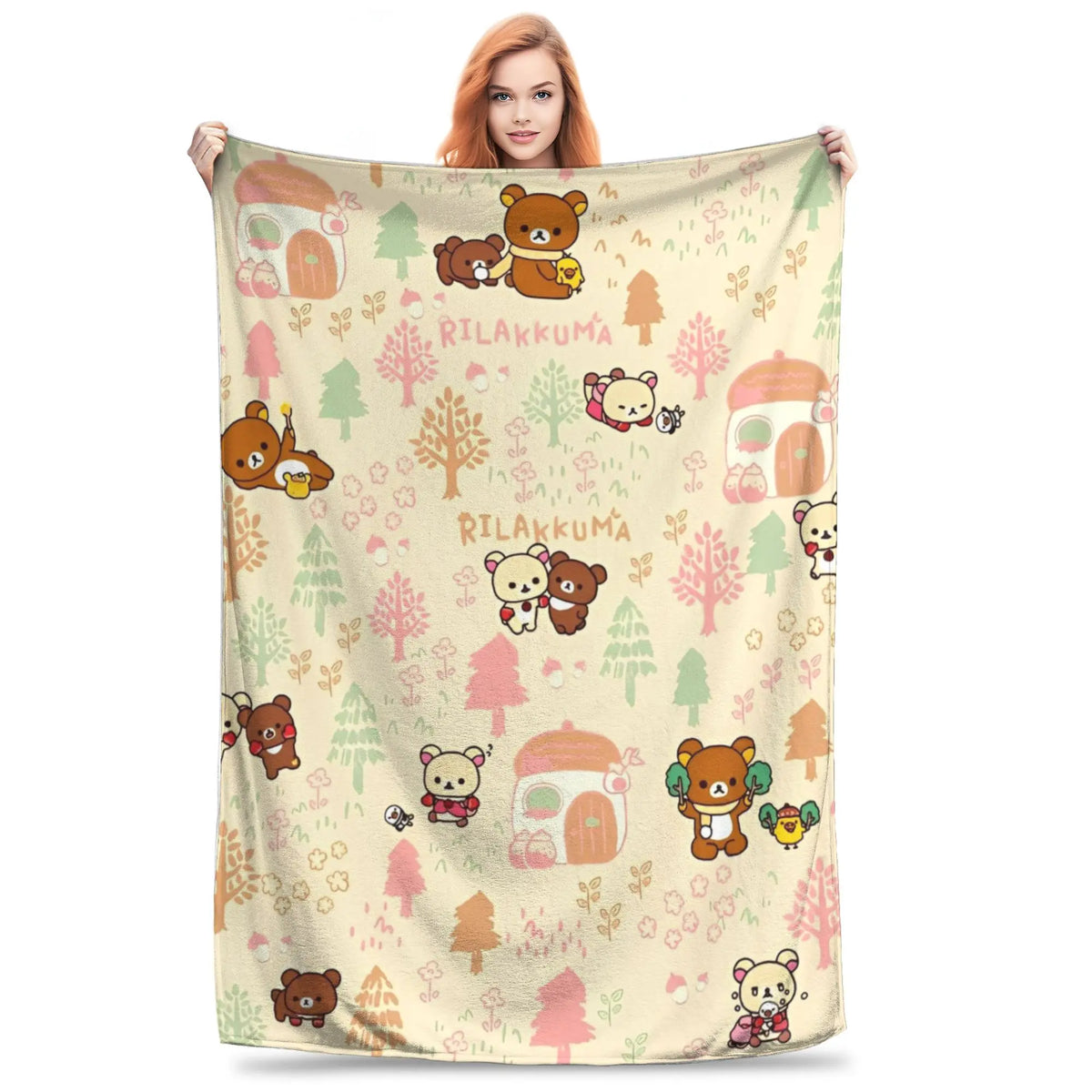 Kawaii Rilakkuma Knitted Flannel Throw Blanket - Figure Print Bed Accessories, Cutecore Stuff, Cozy Girly Room Stuff, Teen Room Decor, Soft Warm Summer AC Use, Home Goods Gift for Girls - View 29