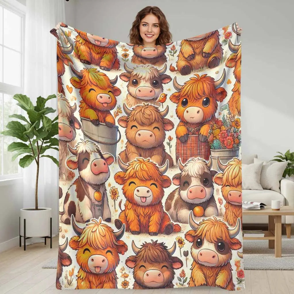 Highland Cow Flannel Throw Blanket - Cute Cows Cartoon Print, Anti-Pilling Flannel Fabric, Plush-Durable Weave, Soft Warm Lightweight Decorative for Sofa Bedroom, Sohochic Gift - View 1