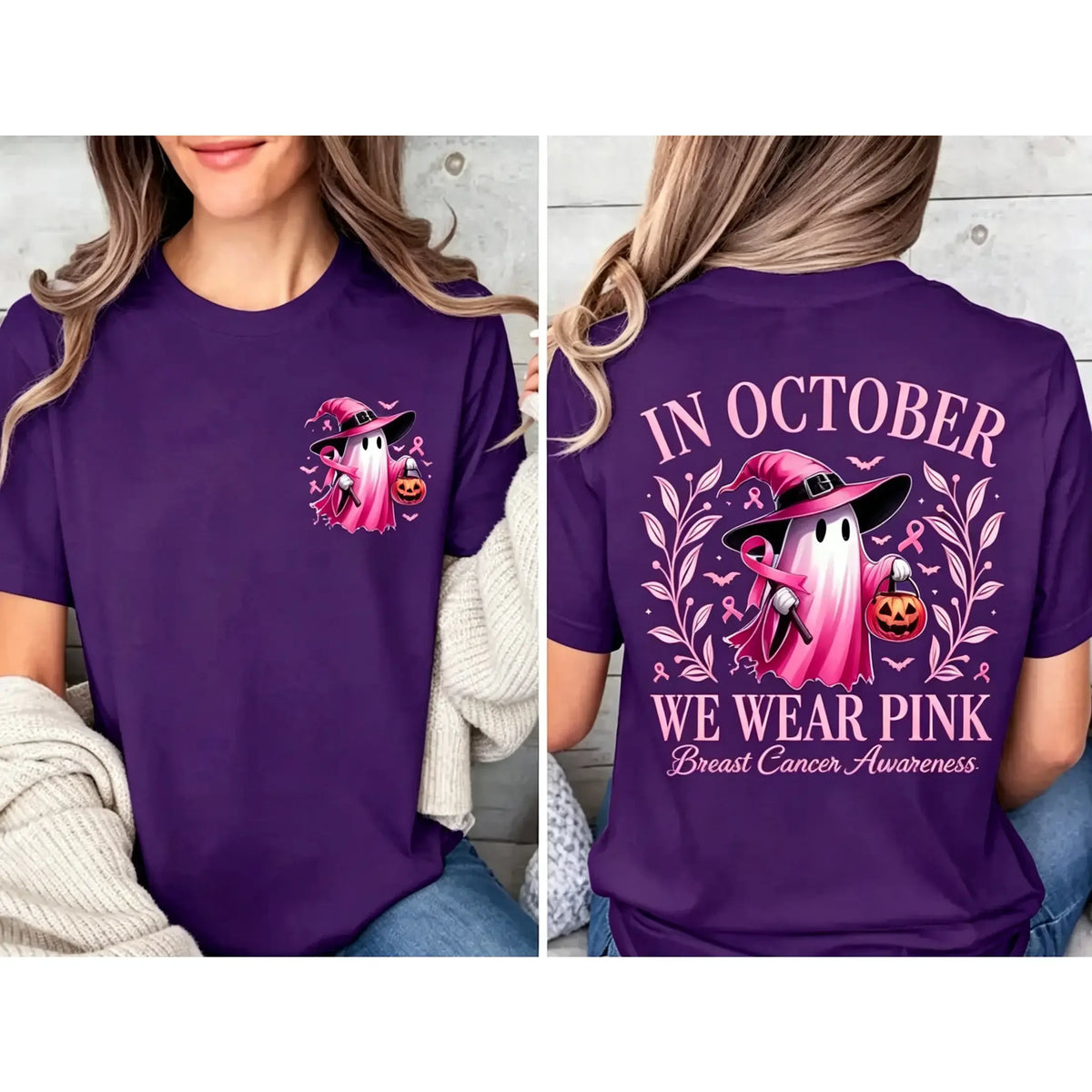 In October We Wear Pink Ghost Shirt, Halloween in October We Wear Pink, Breast Cancer Awareness Shirt,  Pink Ribbon Shirt, Wear Pink Pumpkin PGS0018