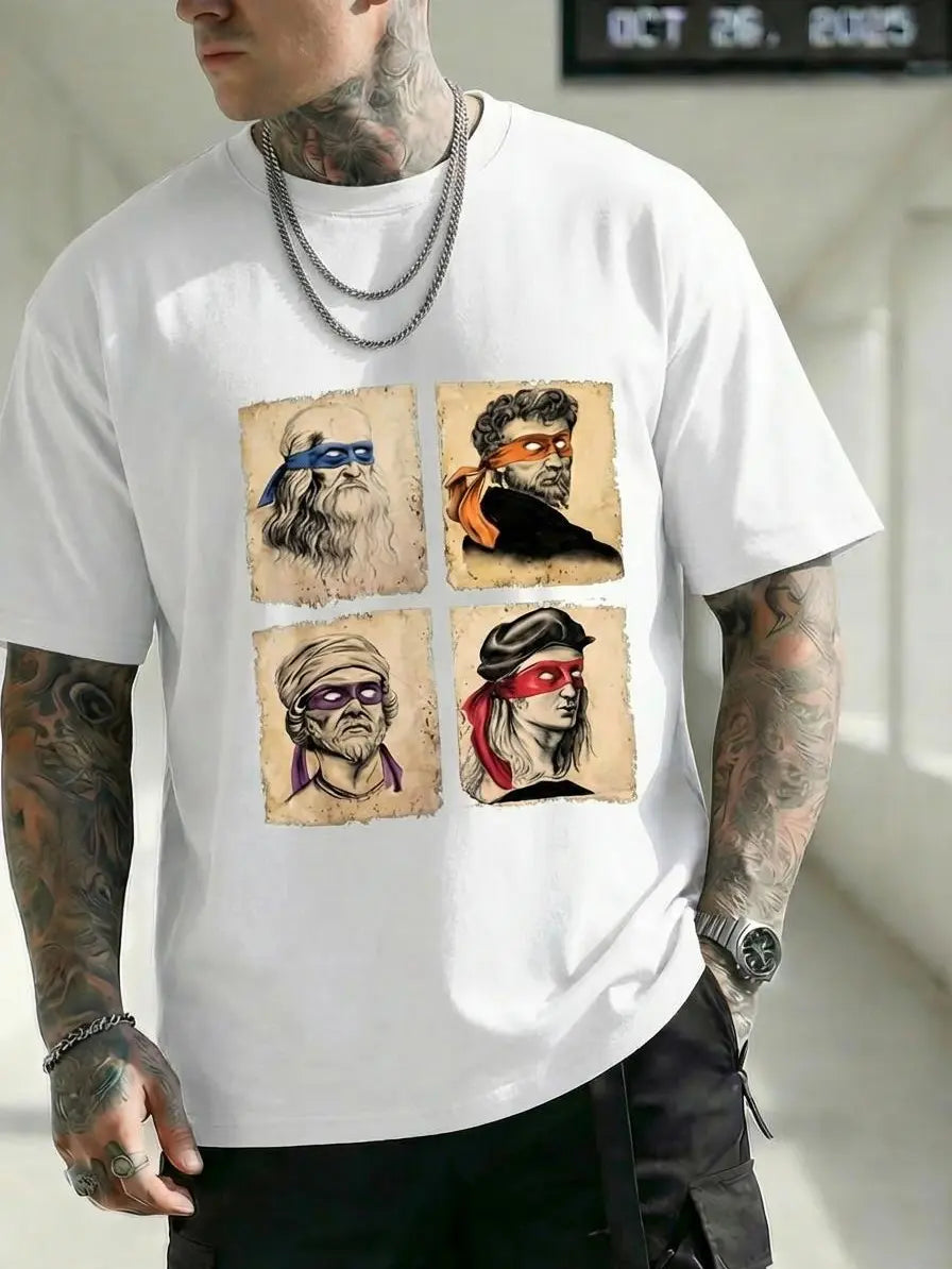 Graphic Tee Mens Casual Short Sleeve T Shirt Featuring Humorous Italian Artists and Teenage Mutant Ninja Turtles Artwork Regular Fit Round Neck Tee for Art Enthusiasts and Ninja Turtle Fans Oversized Casual Men's Letter Pattern Printed T-Shirt Street