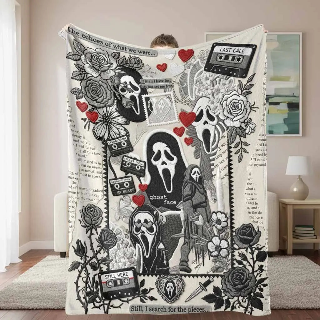 Ghost Face Roses Floral Cassette Embroidery Flannel Blanket - Soft, Warm, Lightweight, Wrinkle Resistant, Art Print Throw with Floral Accents & Face Print Option, Bedroom Decor, Halloween Decorations, House Decor Gift - View 1