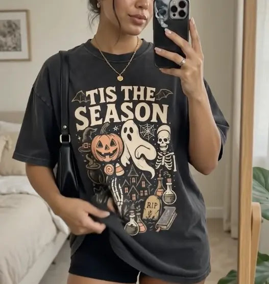 Comfort Colors Halloween Shirt for Women - Vintage Skeleton Pumpkin Ghost Tee