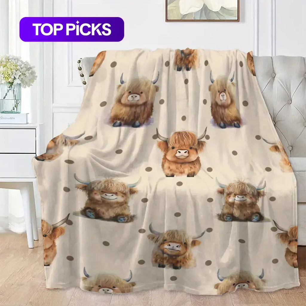 Cute Highland Cow Pattern Flannel Fleece Blanket, Soft Warm Nap Throw for Sofa & Bed, Lightweight Cozy Blanket for Home & Office, Multifunctional Fluffy Blanket, Decorative Gift #GLOBAL PICKS - View 1