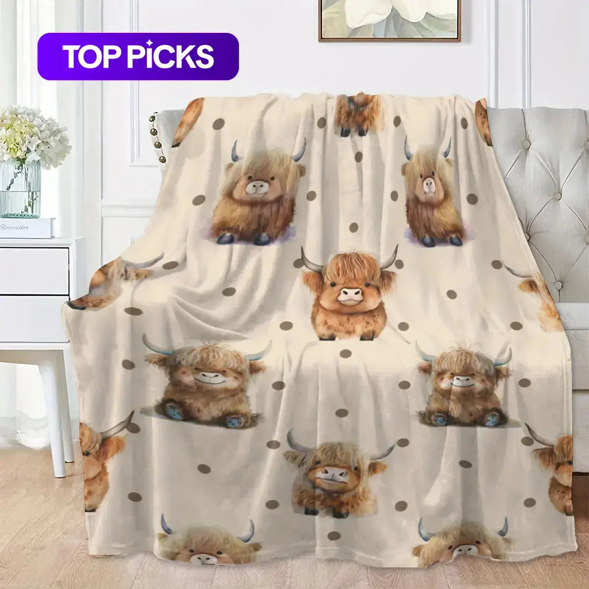 Cute Highland Cow Pattern Flannel Fleece Blanket, Soft Warm Nap Throw for Sofa & Bed, Lightweight Cozy Blanket for Home & Office, Multifunctional Fluffy Blanket, Decorative Gift #GLOBAL PICKS - View 1